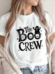 1 Black Short Sleeve T-Shirt - Boo Crew Halloween Party Costume, White With Boo Crew Print, Lightweight And Durable Polyester Fabric, Casual Round Neck Top, Suitable For Matching Parent-Child Sets, Machine Washable, 180g, 100% Cotton. - 白色 - 查看 11