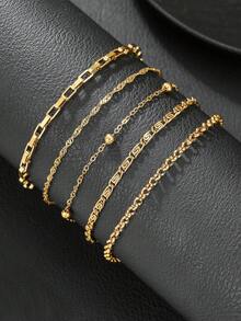 Set de 5 piezas de pulsera de acero inoxidable con cadena de ola y cuentas, adecuado para familia, amigos, parejas, uso diario, regalo - Conjunto de pulseras de acero inoxidable - Ver 6