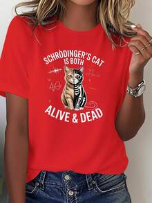 Una cómoda y versátil camiseta casual de manga corta para mujer, con un diseño estampado del gato Shulderning que muestra el tema de la vida y la muerte, confeccionada en tela de algodón puro. - Rojo - Ver 1