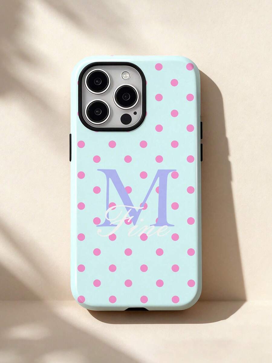 1pc Refreshing Sweet Girl Style Light Blue & Pink Polka Dot Minimalist Text Graphic Glossy 2-In-1 Filmic Hard Phone Case Suitable For Samsung/ 11/12/13/14/15/16/17 Pro Max - Multicolor - View 1