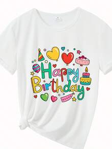 Diseño simple y versátil, camiseta de una pieza para verano y otoño con cuello redondo - Estampado de fiesta con torta de cumpleaños y globos, camiseta de cuello redondo para mujer, ropa de otoño adecuada para correr y hacer deporte, moderna, elegante, única, divertida, vestido elegante para fiestas, graduaciones, estilo Y2K, conjunto unisex para parejas, conjunto para hermanas, adecuada para regalos, camiseta de algodón. - Blanco - Ver 2