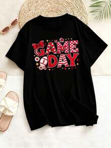 Camiseta de mujer con diseño estampado de fútbol americano, perfecta para eventos deportivos y para mostrar el espíritu. Estilo de cuello redondo, cómoda y versátil, fácil de cuidar, lavable a máquina, adecuada para todas las estaciones. - Negro - Ver 3