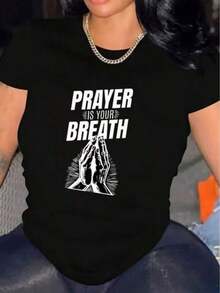 Camiseta de mujer, adecuada para uso casual diario, estampada con las palabras "La oración es tu aliento, manos unidas en oración", ideal para el ocio diario. - Negro - Ver 7