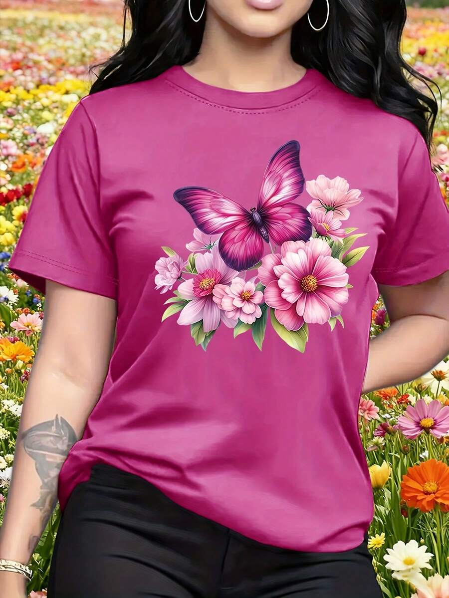 Women's Casual Short-Sleeved Crew Neck T-Shirt With A Bright Floral And Butterfly Print, Made Of Lightweight And Soft Fabric, Suitable For Indoor And Outdoor Wear. A Great Gift For Women, A Birthday Present, A Gift For Friends, A Gift For Sisters, Or A Holiday Gift. 9LX4 - 玫紅色 - 查看 1