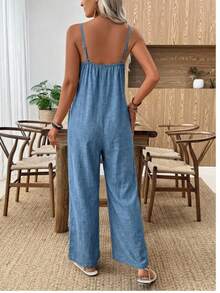 Mono moderno unicolor caqui diseño de piernas amplias para mujer - Azul eléctrico - Ver 5