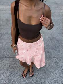 Women's Fashion, Summer, Asymmetrical Hem, Knee-Length Bohemian Skirt, Pink Floral Print, Elegant & Sexy, Suitable For Beach, Vacation, Date - Pink - View 2