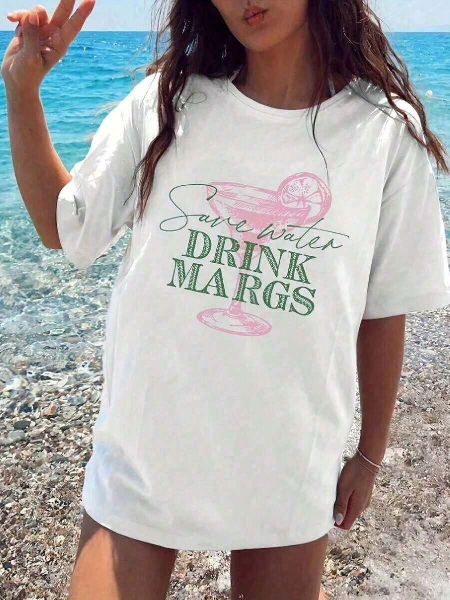 Camiseta Margarita Moderna y Minimalista para Mujer y Unisex - Con Letras Verdes que dicen "Drink Margaritas" y Estampado de Cóctel Rosa, Manga Corta Relajada, Cuello Redondo, Atuendo Casual para Fiestas de Verano en la Playa, Temática de Bebidas Mexicanas06, para uso diario casual. - Blanco - Ver 1