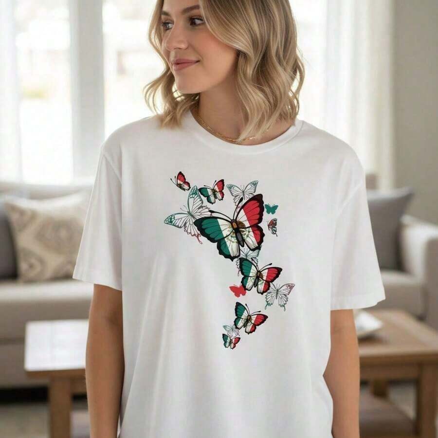 Women's Cotton T-Shirt, Plus Sizes S-5XL, With Butterfly And Mexican Flag Print, Short Sleeve, Casual Loose Fit, Summer Top, Mexican Independence Day Graphic Tee, Breathable Basic T-Shirt For Everyday Wear. - 白色 - 查看 1