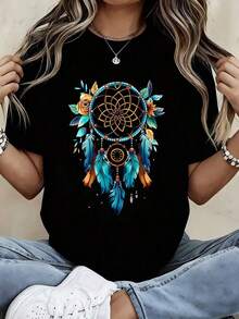 Dreamcatcher Print T-Shirt With Feather And Flower Design For Casual And Sporty Outfits - Vintage Urban Style, Unisex, Cotton, Short Sleeve, Round Neck, 100% Cotton - 黑色 - 查看 1