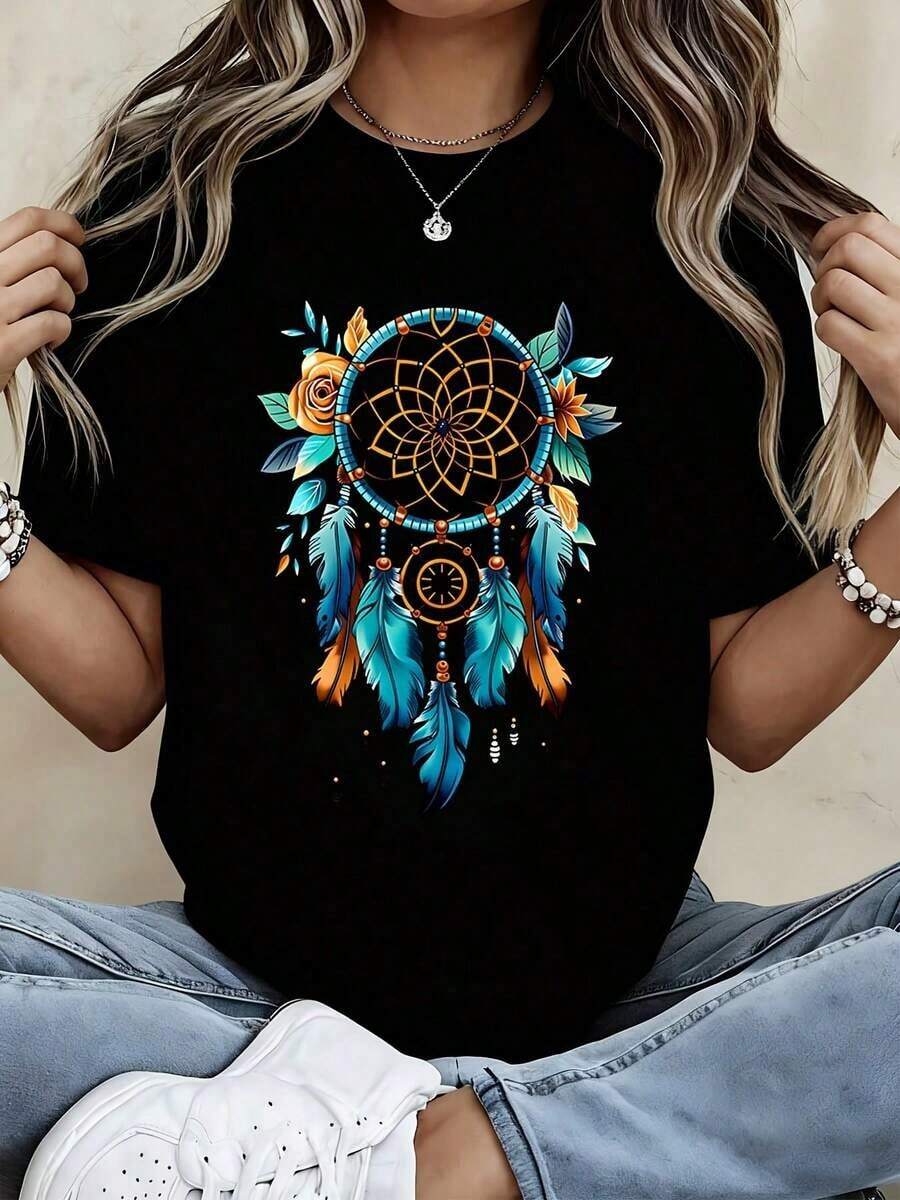 Dreamcatcher Print T-Shirt With Feather And Flower Design For Casual And Sporty Outfits - Vintage Urban Style, Unisex, Cotton, Short Sleeve, Round Neck, 100% Cotton - 黑色 - 查看 1