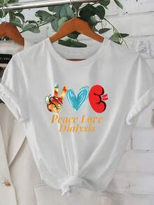 ¡Oferta por tiempo limitado, unidades limitadas,  relámpago! Camisas casuales para mujer, camisetas de poliéster para mujer, camisas elegantes. Camiseta de manga corta para mujer de ajuste regular - Dibujo geométrico 2D con gesto de mano de la paz, corazón y patrón de riñón que transmite amor y esperanza, estilo urbano de moda |   Adecuada para vacaciones y ocio |   Adecuada para el desplazamiento diario - Blanco - Ver 7