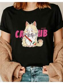 Nueva camiseta de manga corta para mujer, de color sólido y corte raglán, de ajuste regular, con diseño de dibujos animados estilo universitario para el verano, cuello redondo, una prenda casual y versátil adecuada para todas las estaciones. MAVX - Negro - Ver 6
