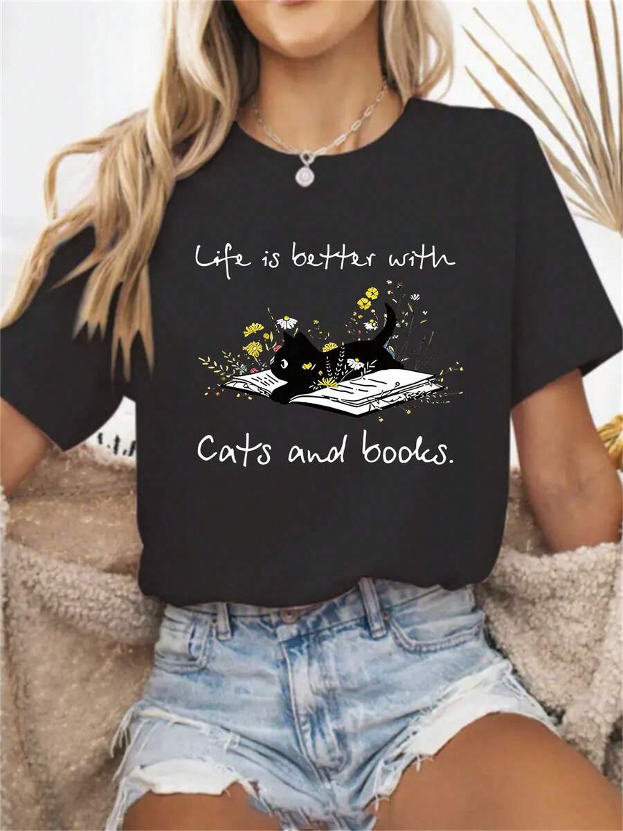 Nueva Camiseta Casual para Mujer 2026 con Estampado de Gatos y Libros - Diseño "La Vida es Mejor con Gatos y Libros", Cuello Redondo Suave y Elástico, Cómoda para Todas las Temporadas, Lavable a Máquina, Ideal para Uso Diario, Estilo Acogedor, Imprescindible para Amantes de los Libros, Tejido Cómodo y Transpirable. MUGY - Negro - Ver 1