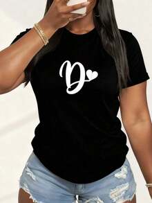 1 pcsWhite-Letter-D-Monogram-Initial-Minimalist-Heart-Graphic-T-Shirt180g Algodón 100% - Negro 1 - Ver 1