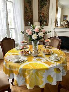 1/2pcs Tablecloth, Lemon Daisy Pattern, Polyester Material, Suitable For Kitchen, Dining Room, Coffee Table, Rectangular Or Round, Suitable For Picnic, Camping, Countryside Decor, Protect Tabletop & Decorate For Holidays, Fresh & Natural Style - Multicolor - View 14
