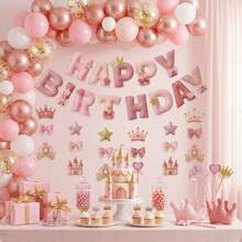 2D Flat Princess Castle Happy Birthday Felt Banner, 2D Flat Pink Fairy Tale Theme Party Decoration Garland, With Crown, Carriage, Bow And Star Decorations, Cute Princess Style Hanging Decor Suitable For Birthday Party, Baby Shower, Bedroom Wall Decor - A - View 6