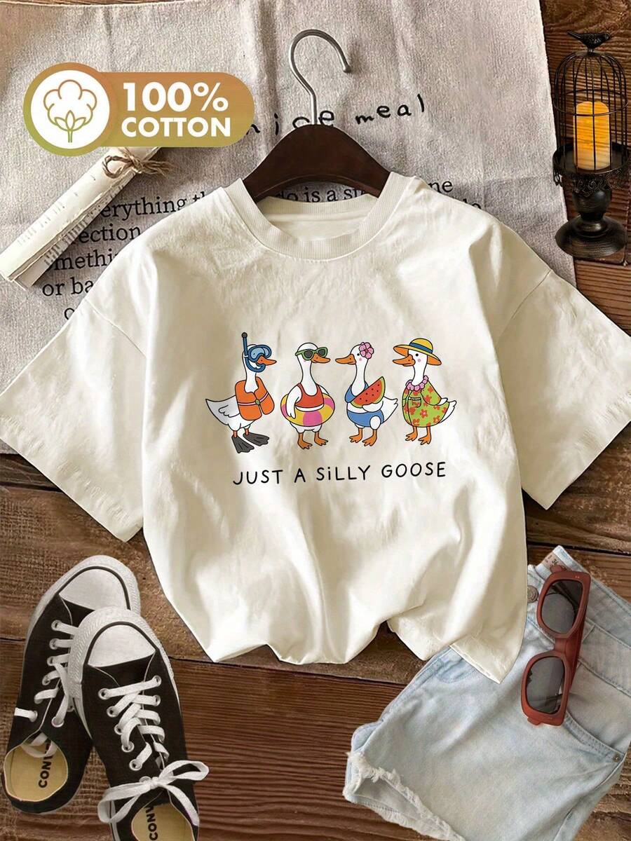 Playeras de mujer estilo veraniego divertido, Ganso y Sandía, una camiseta casual de manga corta con cuello redondo y estampado. - Albaricoque - Ver 1