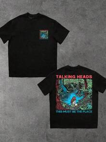 Camiseta de Hombre Casual de Moda con Estampado Digital de Doble Cara de Talking Heads Forest Lake, 100% Algodón, 220g, Temática de Álbum de  Rock - Negro - Ver 1