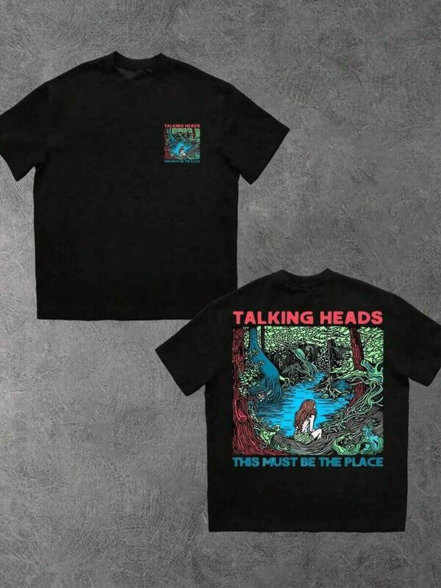 Camiseta de Hombre Casual de Moda con Estampado Digital de Doble Cara de Talking Heads Forest Lake, 100% Algodón, 220g, Temática de Álbum de Rock - Negro - Ver 1