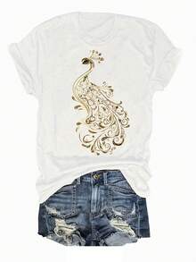 Limited Time Offer, Limited Quantities, Flash ! Women's Casual Shirts, Women's Polyester T-Shirts, Elegant Shirts. Stylish And Beautiful Short-Sleeved Summer T-Shirt With A Peacock Print And Crew Neck. - 白色 - 查看 8