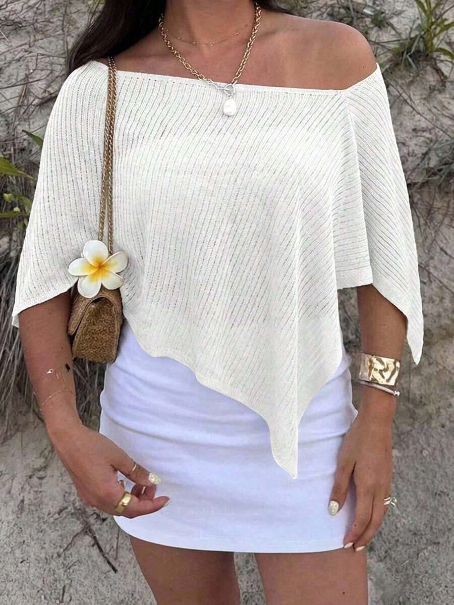 2026 Chal elegante de estilo bohemio para vacaciones de mujer, jersey holgado de punto sin hombros con bajo asimétrico, parte superior ligera de protección solar - Blanco - Ver 1
