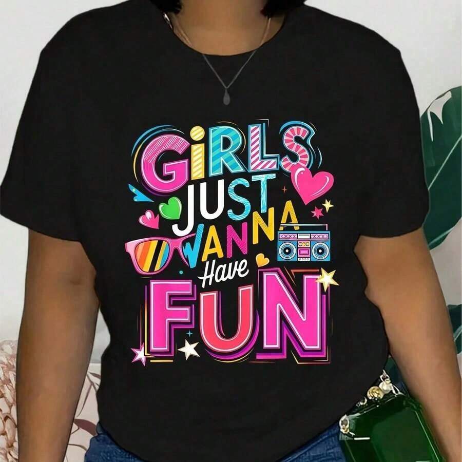 Camiseta de calle con estampado de música de los 80 y 90, talla grande para mujer, con gráficos retro de fiesta de los 80 y 90, tejido de punto de alta elasticidad, transpirable y cómoda. - Negro 5 - Ver 1
