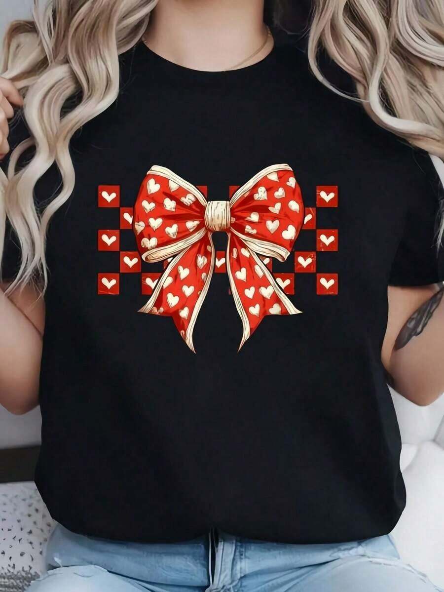 Round Neck Camiseta De Manga Corta Con Estampado De Corazón Con Lazo, Cuello Redondo, De Algodón 100% Retro A Cuadros Para El Día De San Valentín, Casual De Verano, Estampado Gráfico Para Mujer Summer Essentials,Summer Outfits For Women,Graphic Tees Blusas Para Mujer Casual - Negro - Ver 1