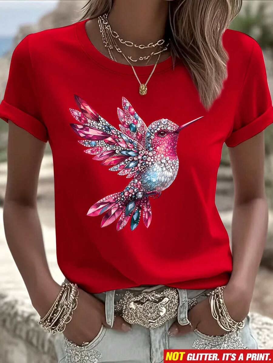 Luxury Lightweight Short-Sleeved T-Shirt With Flat Hummingbird And Rhinestone Print, Regular Fit And Round Neck, Women's Clothing For Spring/Summer, Casual Outdoor Fashion, Lightweight And Breathable Fabric, Suitable As A Gift For Daughters, Sisters, Birthdays, Best Friends, Mothers - [紅色的] - 查看 1