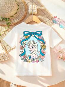 Disney Official Licensed Frozen Elsa Print T-Shirt For Baby Girls (6 Months - 3 Years) | New Arrival | Ultra Comfortable & Super Soft Polyester Tee | Stylish Relaxed Fit Casual Top With Elsa Floral Bow & Pearl Frame Print | High Aesthetic, Versatile Daily Wear | High Turnover Rate, Commuter Favorite | Express Delivery - White - View 2