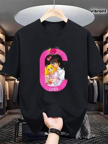 Camiseta de Anime Manga para Hombres - Estilo Candy Candy & Terry, Gráficos Vibrantes, Cuello Redondo, Ajuste Cómodo, Tallas Grandes y Altas, Ideal para Gimnasio, Entrenamiento y Exteriores - Moda Streetwear, Estilo Manga Divertido, Color - Negro - Ver 1