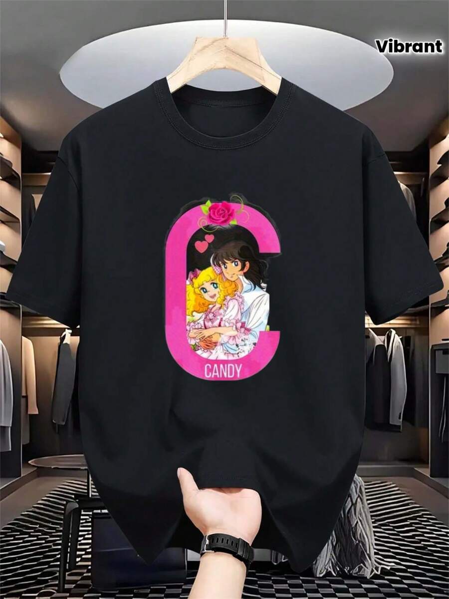 Camiseta de Anime Manga para Hombres - Estilo Candy Candy & Terry, Gráficos Vibrantes, Cuello Redondo, Ajuste Cómodo, Tallas Grandes y Altas, Ideal para Gimnasio, Entrenamiento y Exteriores - Moda Streetwear, Estilo Manga Divertido, Color - Negro - Ver 1