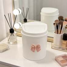 1pc Mini Desktop Trash Can With Lid + Bow Decor, Plastic Rotating Top Waste Basket, Suitable For Home, Office, Kitchen, Bedroom Vanity, Non-Electric Cylindrical Garbage Can, Household Essential - Mini Trash Can - View 3