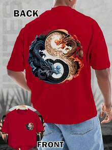 1pc Men's T-Shirt 100% Cotton Double-Sided Printing With Yin Yang Dragon Phoenix SML XL XXL XXXL Gift Summer Cool Casual Short Sleeve T-Shirt - 紅色 - 查看 6