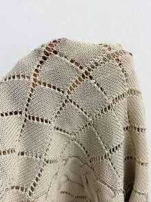 Suéter holgado de punto con cuello en V, manga corta, diseño de diamante hueco y punto de cable en color albaricoque para mujer, primavera/verano - Albaricoque - Ver 6