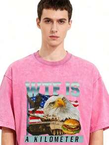 "ES UNA MILLA" Camiseta de manga corta con estampado de águila y bandera, estilo vintage lavado, cuello redondo, corte holgado, de algodón puro, para verano. - Rosa - Ver 2