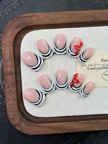 10pcs Y2K Nails Square Press On Nails Set - Handcrafted, Pink Nails, Black Nails, Black French Tip Nails, Handmade 3D Red Flowers Nail Art, Hand Drawn Black And White Stripe French Tip Style Design, Nails Handmade, Sparkling Gold Little Steel Ball Decoration, Delicate Graceful Nails - Perfect For Parties & Casual Attire, Aesthetic - Multicolor - View 11