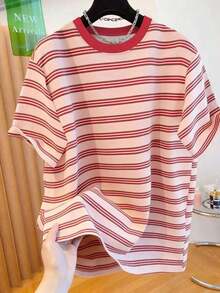 Blusa de mujer, nueva colección primavera/verano 2026 con diseño único de estilo coreano, camiseta de rayas de colores contrastantes para mujer de estilo suelto y relajado, un regalo para tu novia - Multicolor - Ver 1