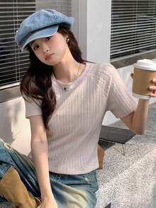 Designer Camiseta de manga raglán de unicolor para mujer, tops de estilo universitario para el verano - Albaricoque - Ver 9