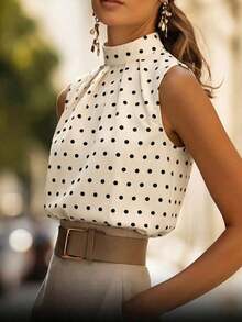 Top sin mangas de cuello alto con pliegues, top ajustado de diseño exclusivo y elegante para mujer, casual de verano - Multicolor - Ver 3