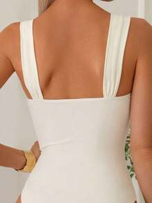 Traje de baño de una pieza elegante de color albaricoque con tirantes gruesos, diseño hueco y decoración de perlas redondas para mujeres - Albaricoque - Ver 5