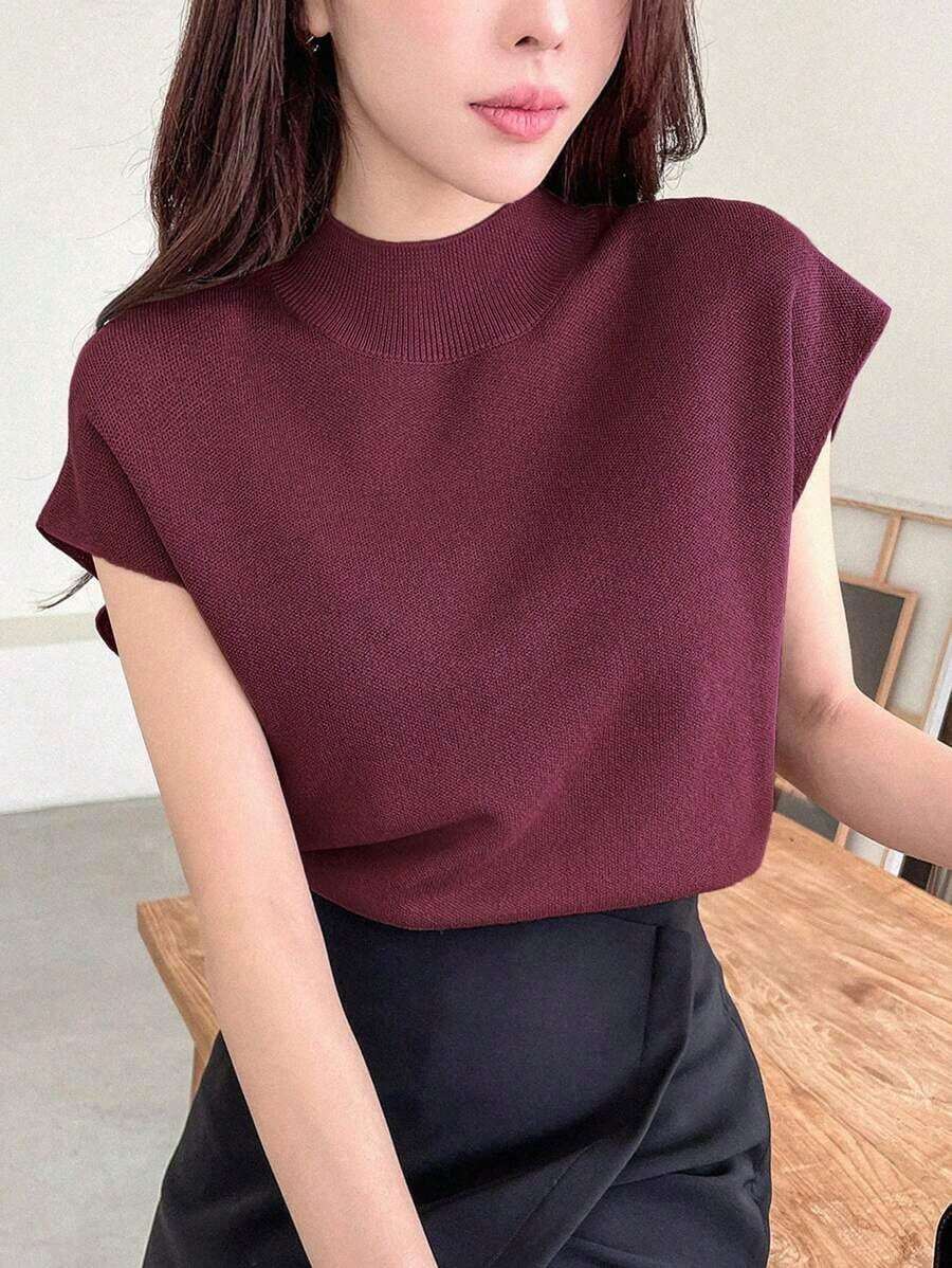 Suéter sin mangas de cuello medio alto de unicolor, casual de negocios - Burdeos - Ver 1
