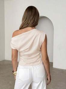 Blusa asimétrica de hombro casual y minimalista de unicolor para mujer - Albaricoque 2 - Ver 4