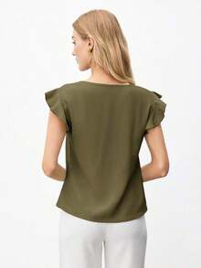 Blusa de mujer con cuello en V y mangas con volantes en verde menta, versátil para usar en primavera/verano, adecuada para Pascua, Día de San Patricio, casual, romántica, retro de los 90, fiesta, playa, graduación, vacaciones, invitada de boda, br - Verde militar - Ver 4