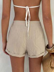 Pantalones cortos de verano informales de unicolor con dobladillo vuelto - Caqui - Ver 2