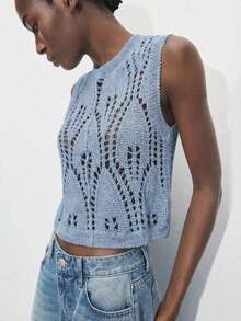 Parte superior de punto sin mangas con diseño calado de unicolor, adecuada para el Día de San Patricio, vacaciones de primavera, Pascua.Parte superior calada para el verano, blusas de verano para mujeres, blusas de punto para mujeres - Azul - Ver 8
