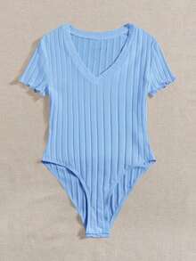 Body De Punto Acanalado Sólido Con Cuello En V Para El Verano - Celeste - Ver 3