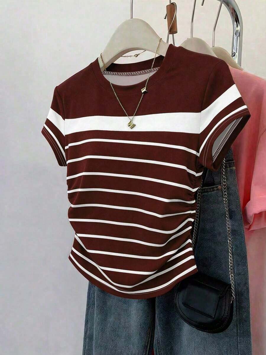 Camiseta de manga corta con pliegues y rayas, casual de verano para mujer - Burdeos - Ver 1