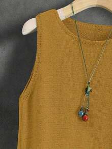 Chaleco de punto de unicolor para mujer, estilo japonés retro para capas, corto y casual para verano y vacaciones, versátil, adecuado para primavera, verano, principios de otoño, ir al trabajo, minimalista retro, festival de música colorido, escuela, top sin mangas - Mostaza Amarilla - Ver 6
