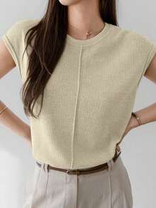 -Less Camiseta de mujer de manga corta, de punto holgado y casual, de unicolor con parches, para uso casual en el trabajo - Beis - Ver 3