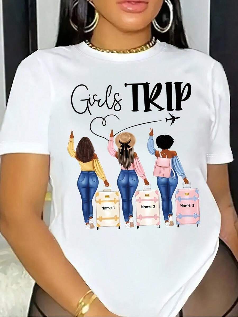 1 pieza de playera para hombre y mujer, 100% algodón puro, cuello redondo casual con estampado, manga corta transpirable para uso diario, mujer con un vivo dise?o de viaje - Blanco - Ver 1